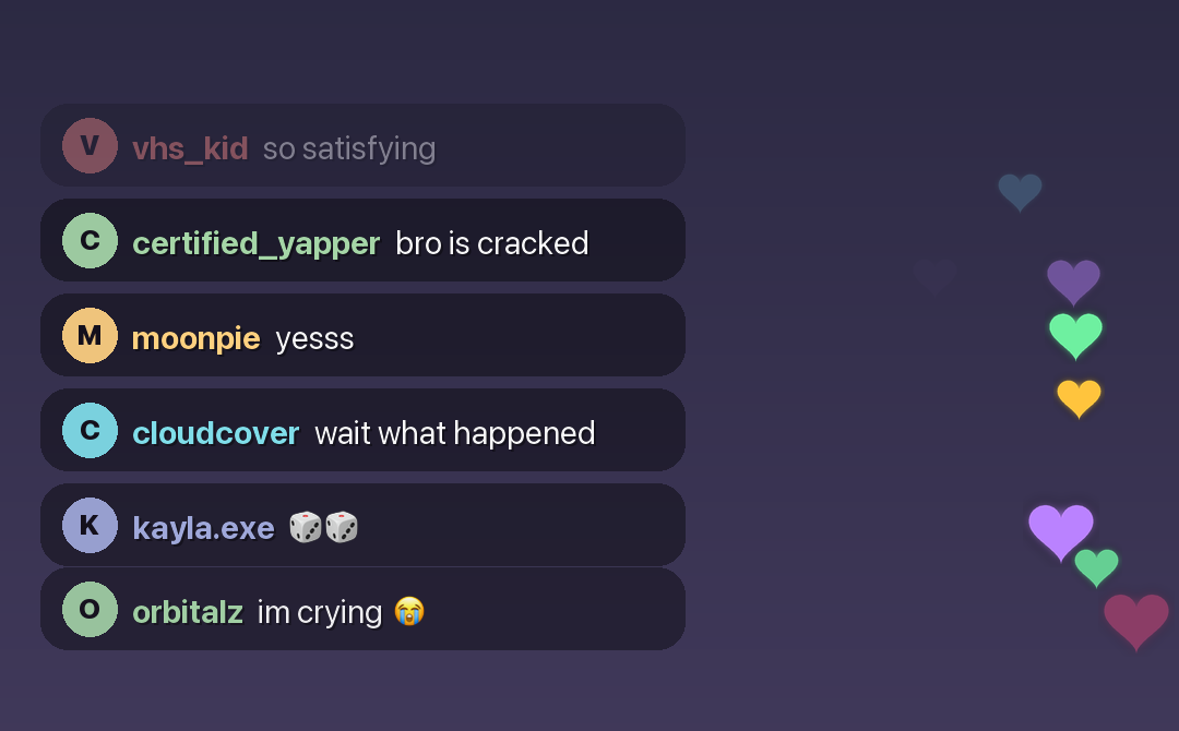 Chat messages and floating hearts overlaid on a video frame